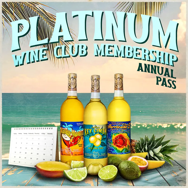 Three bottles of tropical-flavored wine with fruit on a beach setting, promoting platinum wine club membership.