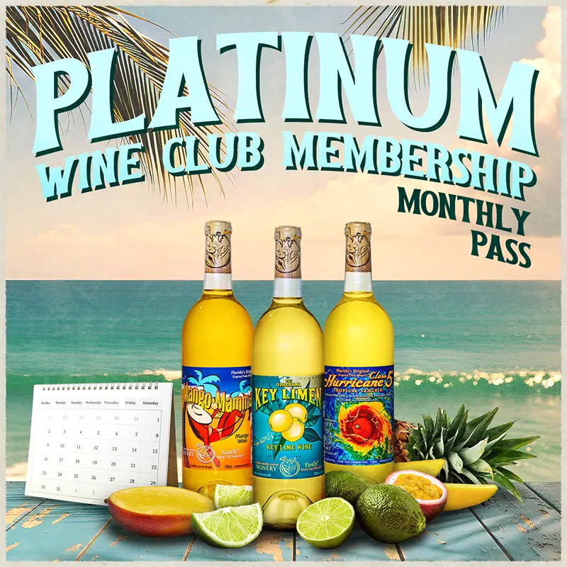 Three bottles of tropical-flavored wine with fruit and a calendar on a beach-themed background.