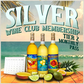 Promotional image for Silver Wine Club Membership Tier 2 Monthly Pass with wine bottles and tropical fruits on a beach-themed background.