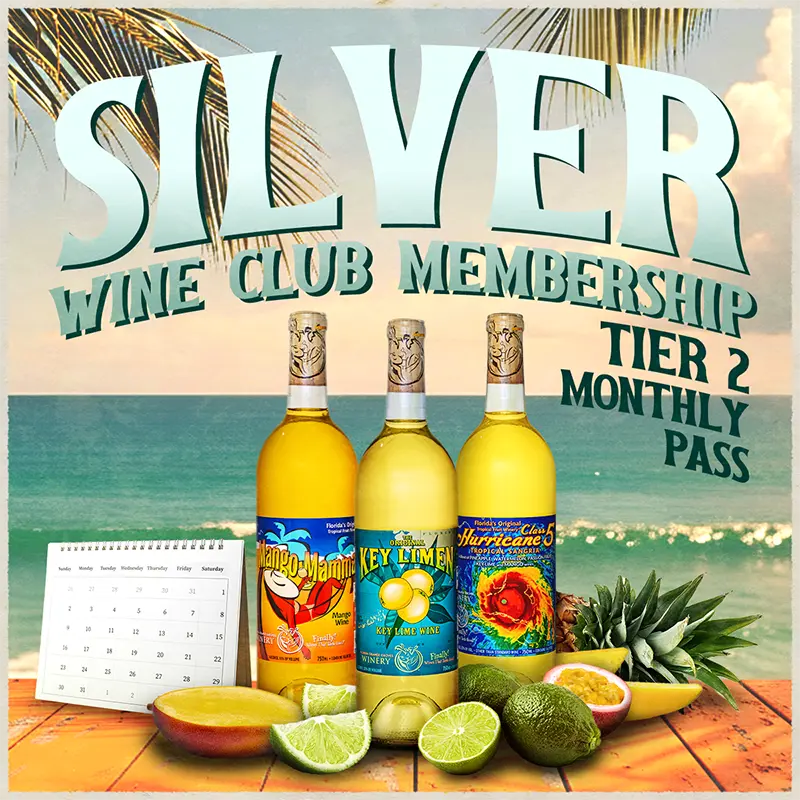 Promotional image for Silver Wine Club Membership Tier 2 Monthly Pass with wine bottles and tropical fruits on a beach-themed background.